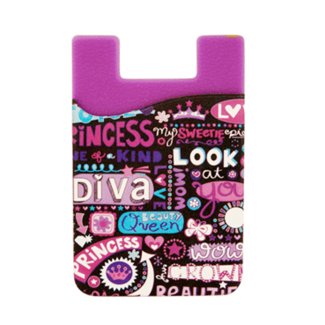 A purple silicone mobile wallet with colourful text and designs, featuring various playful graphics and a logo.