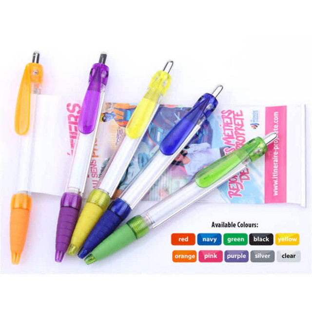 A collection of banner pens in various colours: purple, yellow, orange, green, and navy, with a promotional display.