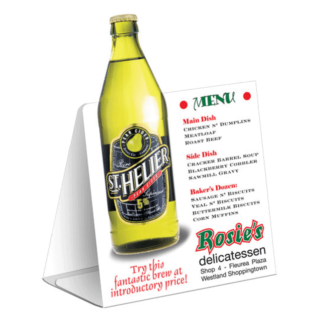 A table tent featuring a menu with a yellow drink bottle and a list of dishes in white and green.