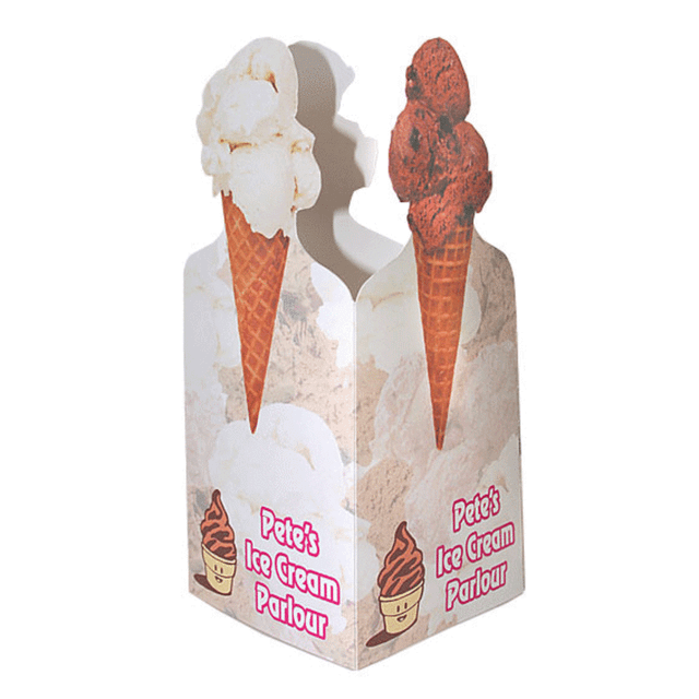 A table tent featuring a cone with scoops of ice cream, primarily in white and brown colours, with a branding logo.