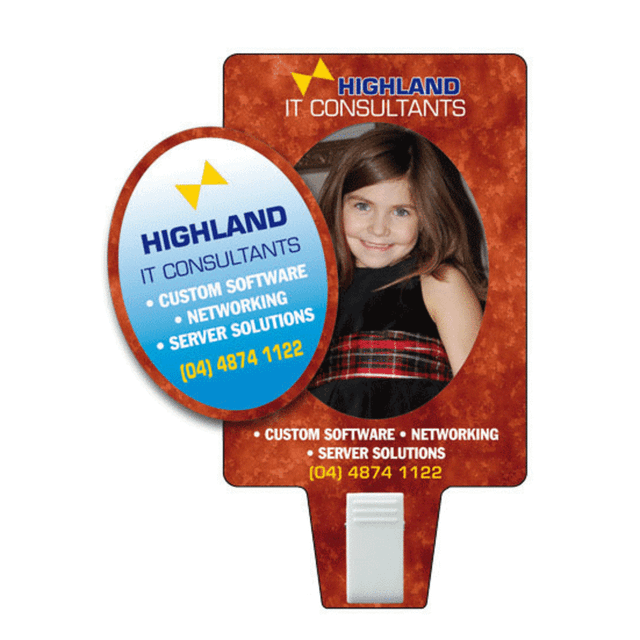 A magnetic photo frame in orange and brown with a circular element featuring a logo and contact details.