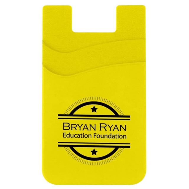 A bright yellow dual pocket silicone mobile wallet with a logo and two card slots.