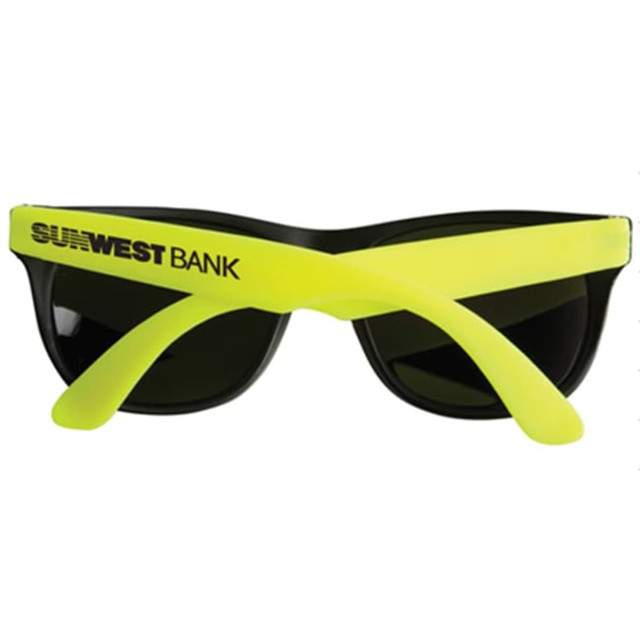 Retro fashion sunglasses featuring a black frame and bright yellow arms, with a logo on one side.