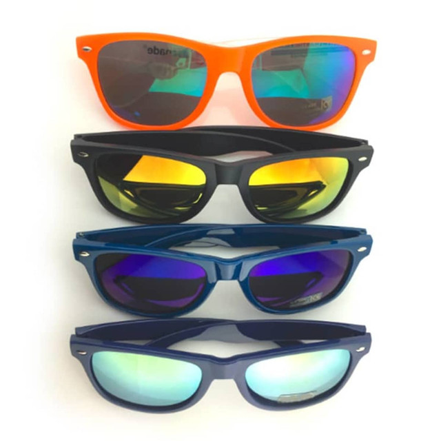 Four sets of fashion sunglasses with reflective lenses, featuring orange, black, dark blue, and navy frames.