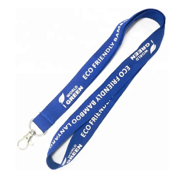 A blue bamboo lanyard with white lettering and a silver clip at one end, featuring a logo.