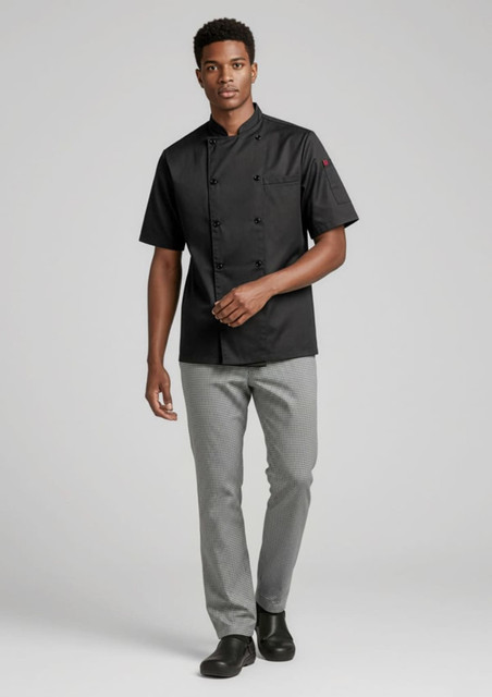 A model wearing a black short-sleeve chef jacket and grey pants, walking in a neutral background. The outfit features a logo.
