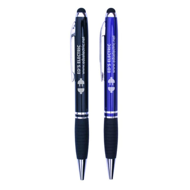 A stylus pen set featuring one black pen and one blue pen, both with grips and branding.