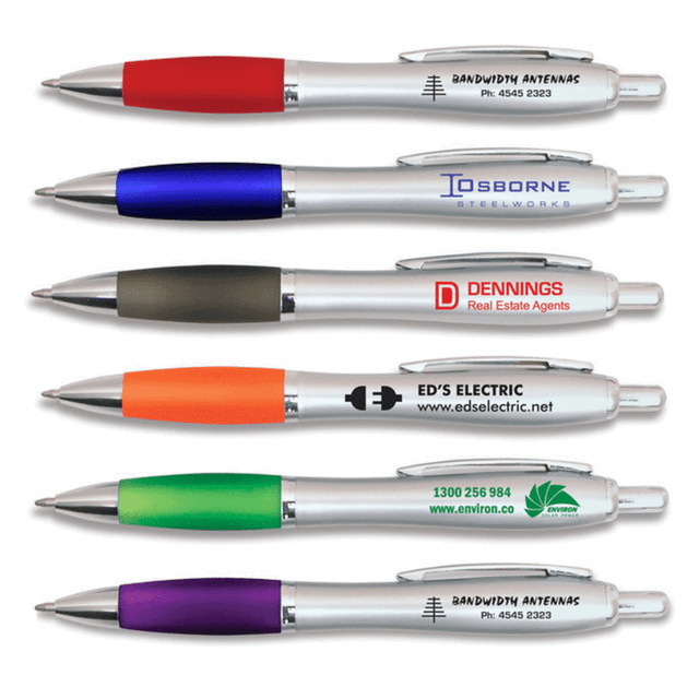 A collection of silver plastic pens in various colours, each featuring a distinct logo or branding.