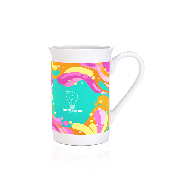 A coffee mug featuring a vibrant design with pink, orange, and turquoise swirls, alongside a logo.