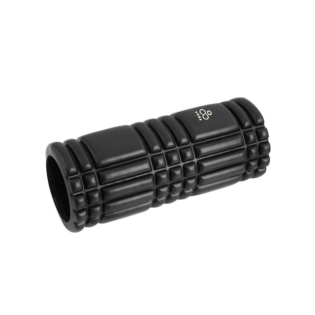 A black foam massage roller with a textured surface and a logo.