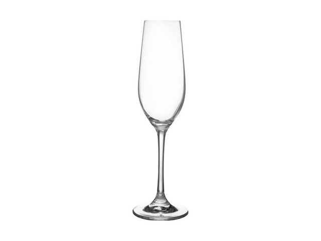 A sleek, clear glass flute with a tall stem, suitable for champagne or sparkling drinks.