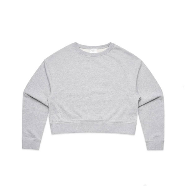 A grey cropped sweater with long sleeves, featuring a simple design and a logo on the label.