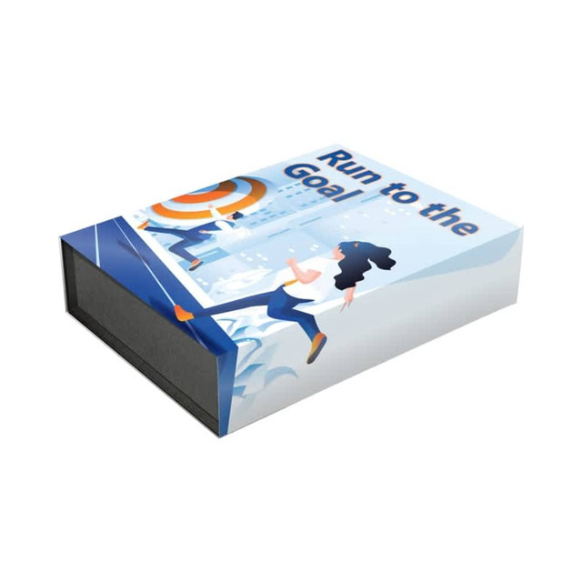 A promotional gift box featuring a running theme in blue and orange, with an illustration on the cover and a black interior.