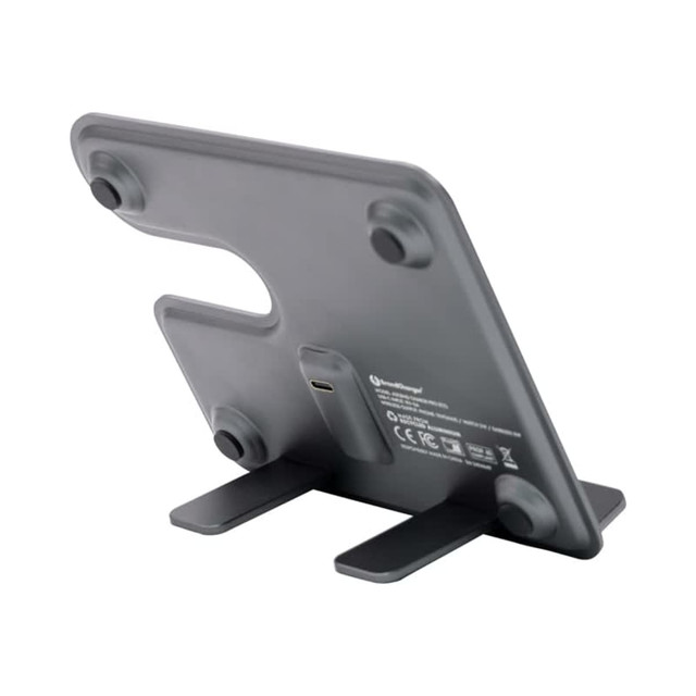 A grey wireless charger stand with three positions and a tapered design, featuring a logo on the back.