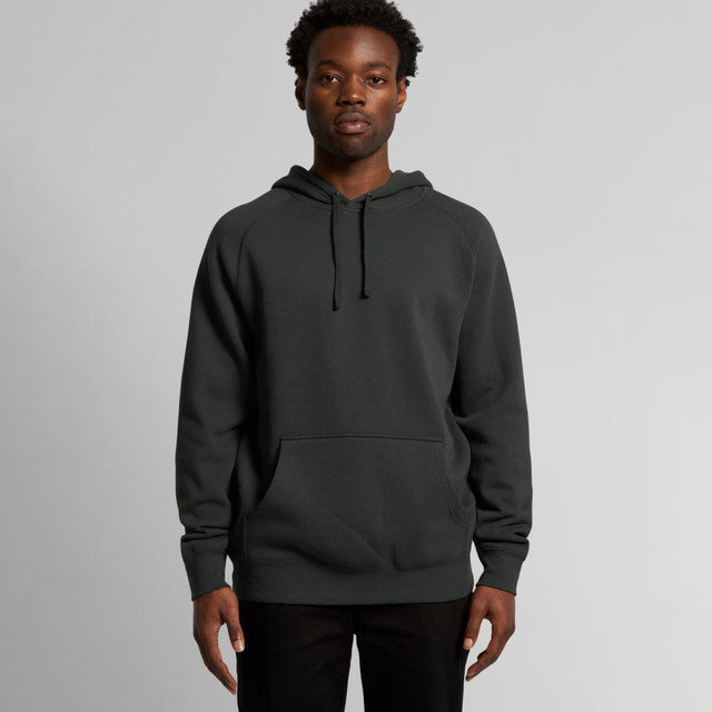 A dark grey hoodie with a front pocket and drawstring hood, featuring a logo on the front.