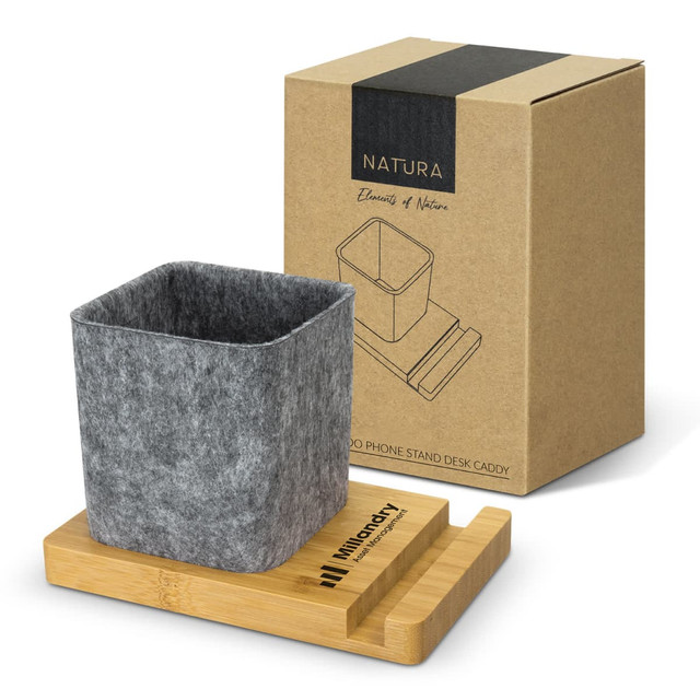 A bamboo phone stand desk caddy features a grey felt container and comes with an eco-friendly cardboard packaging.