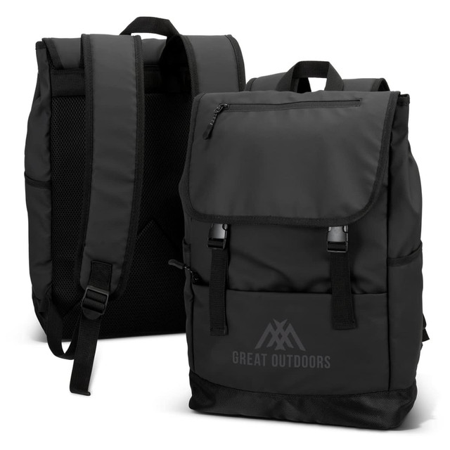 A black Trek Soft Touch Backpack with adjustable straps and a flap closure, featuring a logo on the front.