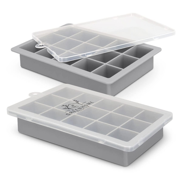 A grey ice tray with a lid, featuring multiple compartments for ice cubes. Includes a logo on the lid.