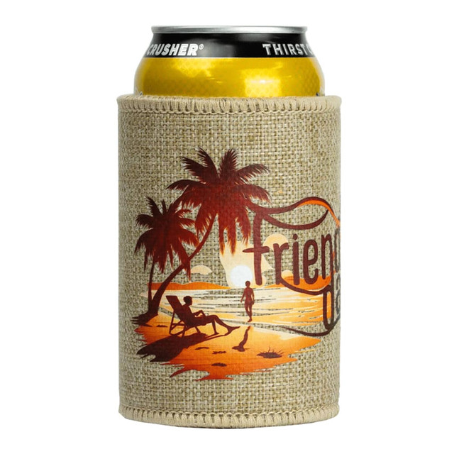 A jute stubby holder in beige with a sunset beach scene and palm trees, featuring a logo. Perfect for beverage cans.
