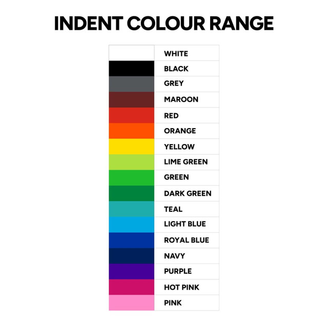 A colour chart displaying a range of hues including white, black, grey, maroon, red, orange, and various shades of blue and pink.