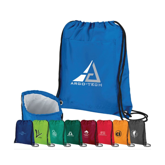 A blue drawstring cooler pack with a logo, alongside various other coloured cooler bags in green, red, black, and more.