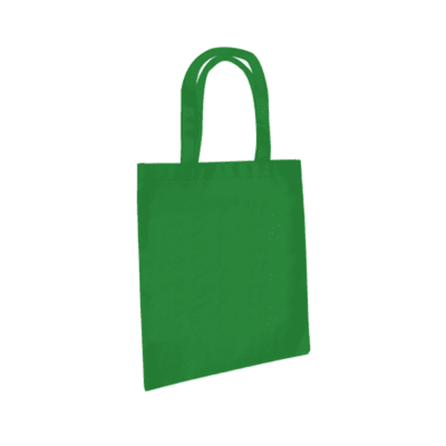 A green tote bag with two straps and a plain design, featuring a branding logo.