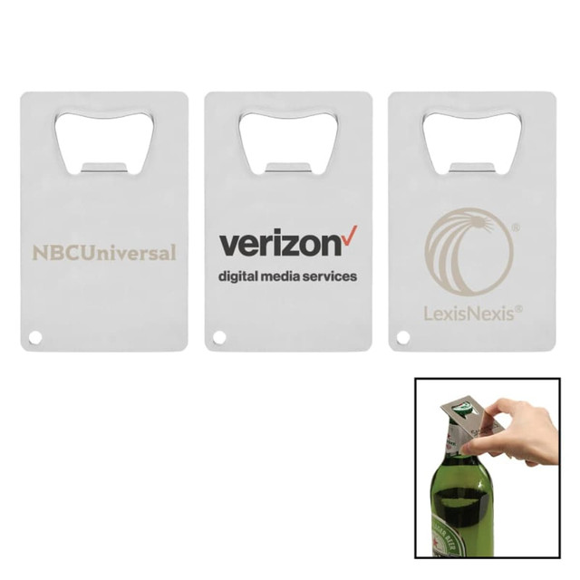 A drink bottle opener resembling a credit card, featuring a sleek silver design and various logos.