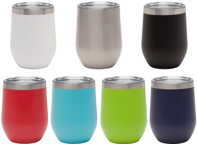 A drink bottle with a stainless steel lid, available in white, silver, black, red, blue, green, and navy. Features a logo.