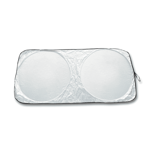 A foldable car sun visor in silver, featuring two circular reflective surfaces and a zippered carrying case.