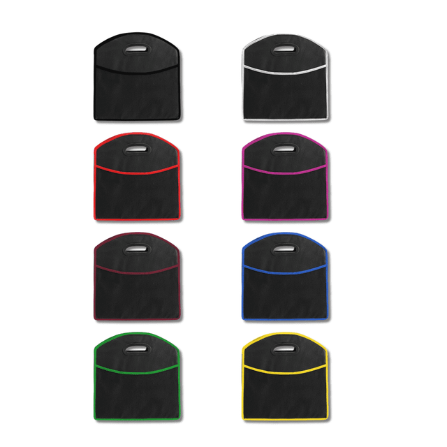 An assortment of expandable boot organisers in various colours: red, purple, blue, green, and yellow. Each has a handle.