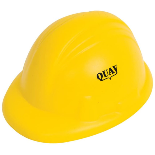 A yellow stress shape in the form of a safety helmet with a logo.