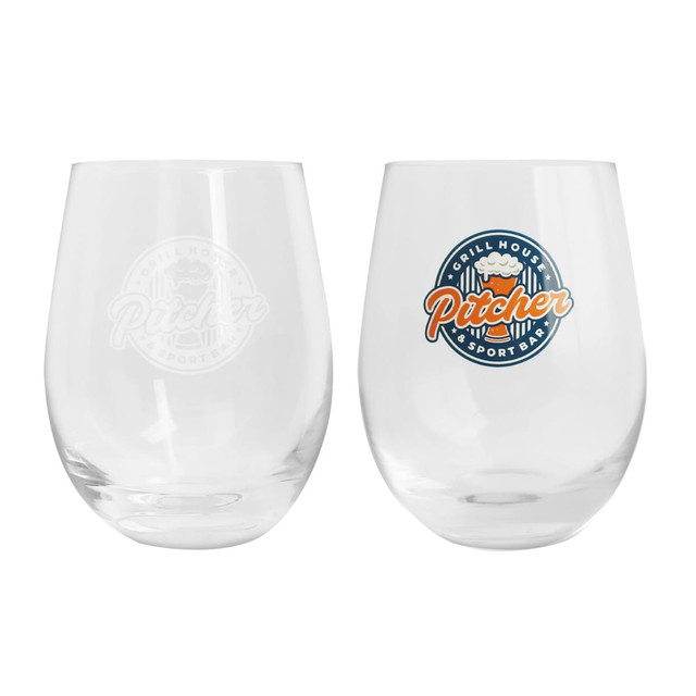 A clear glass cup with an egg shape, featuring a logo on one side.