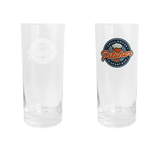 Two clear beer glasses featuring a logo, one with a colour design and one in a frosted finish.