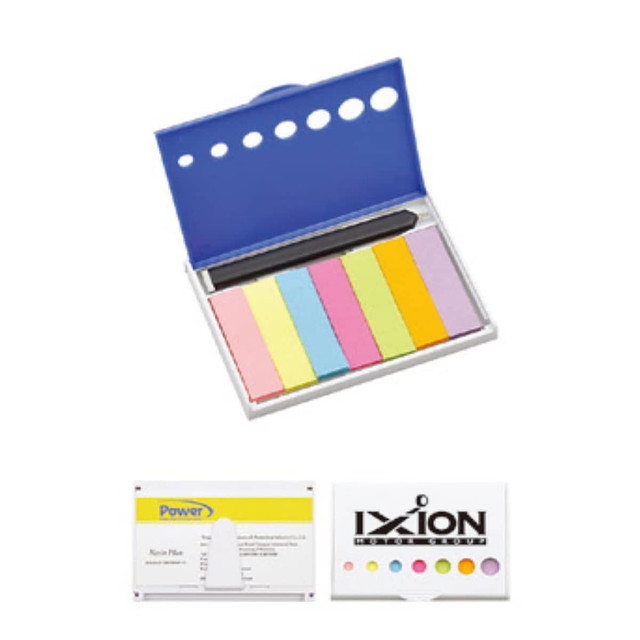 A set of sticky notes in pastel colours, housed in a blue case with a white base and a black pen. Features logos.
