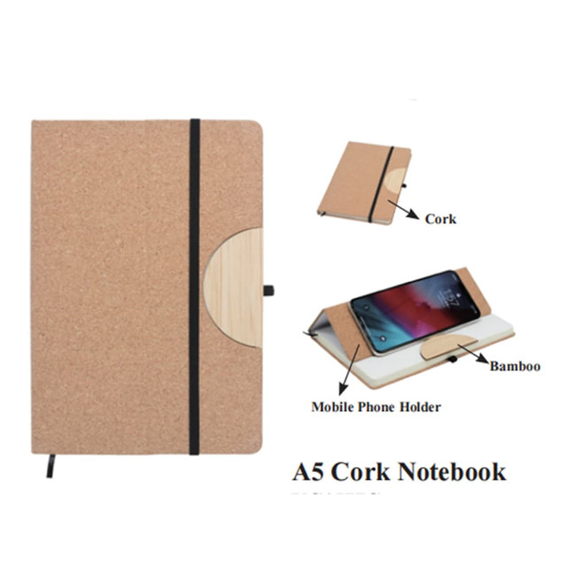 A5 cork notebook with a bamboo mobile phone holder, featuring a natural beige cork finish and an elastic closure.