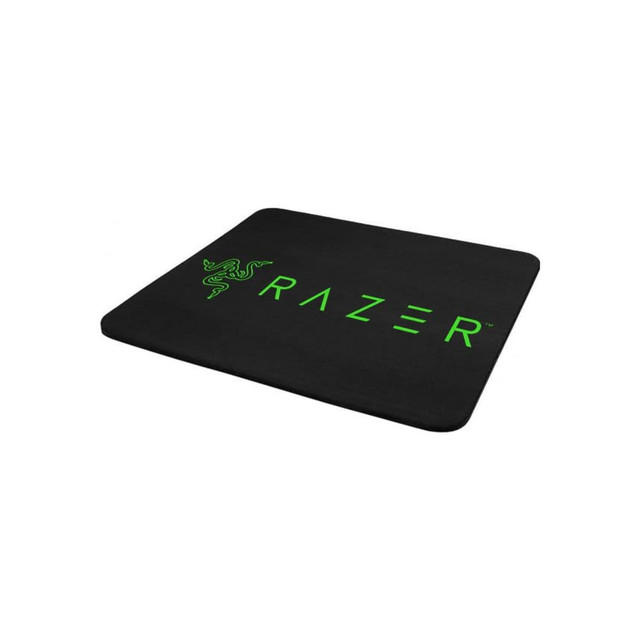 A black mouse mat with a textured top surface, featuring a green logo on one side.