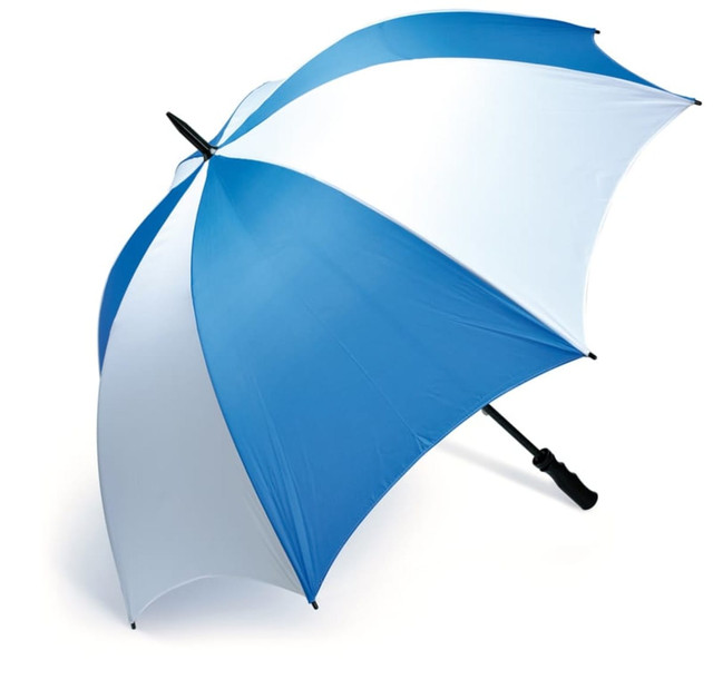 A blue and white golf umbrella with a curved handle and a logo on the shaft.