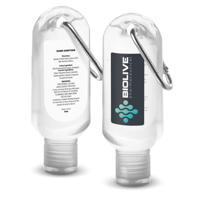 A transparent hand sanitiser bottle with a carabiner, 55ml capacity, featuring a logo and detailed ingredient information.