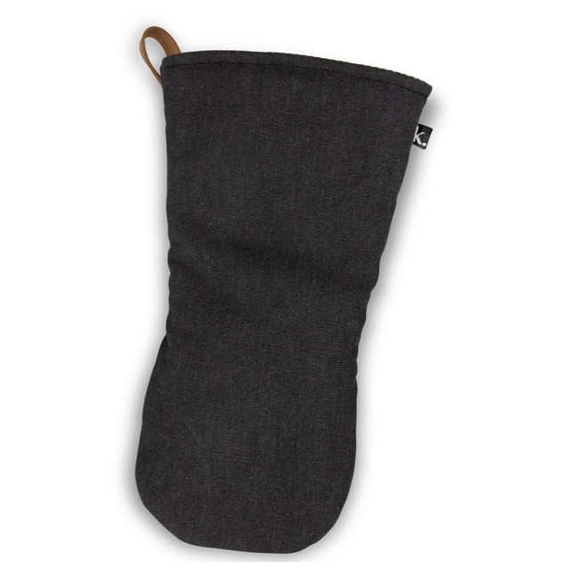 A dark grey canvas oven mitt with a loop for hanging and a small logo tag.
