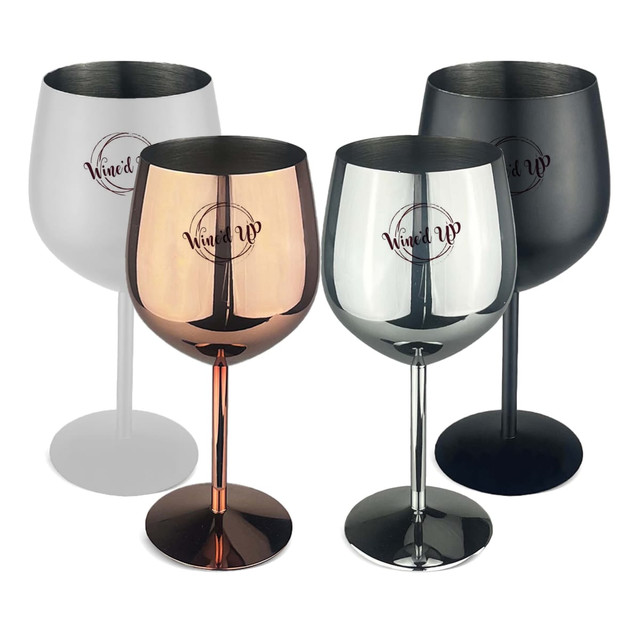 A set of Bella stainless steel wine glasses in silver, rose gold, and black, featuring a logo on each glass.