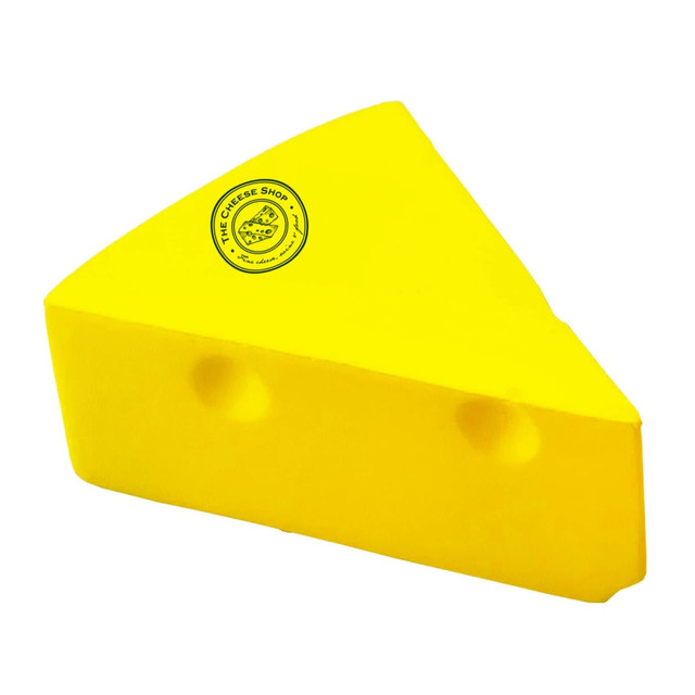 A bright yellow cheese wedge stress toy with a logo, shaped like a piece of cheese.
