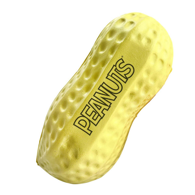 A yellow stress peanut with a textured surface and branding on one side, designed for fun and stress relief.