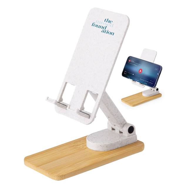 A bamboo mobile stand with a white adjustable phone holder. It features a base made of bamboo and has a logo.