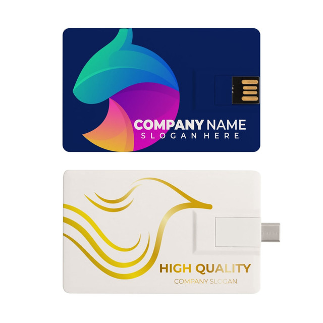 A credit card-sized Type-C flash drive featuring a multi-coloured design and a white side with gold accents.