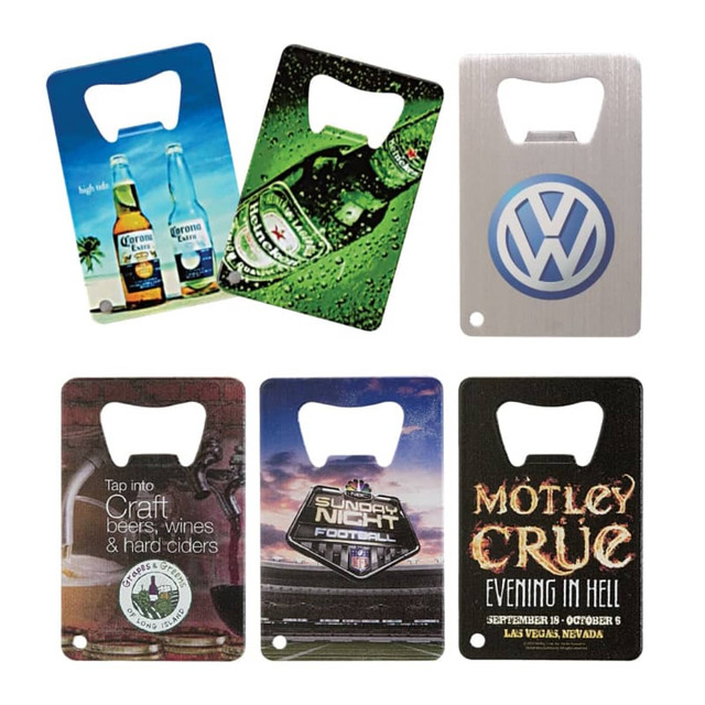 A drink bottle opener featuring various designs in colours like blue, green, and silver, with a logo on one.