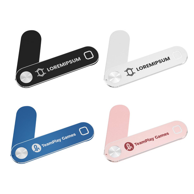 A laptop extension arm in black, white, blue, and pink, with branding on two of the arms.
