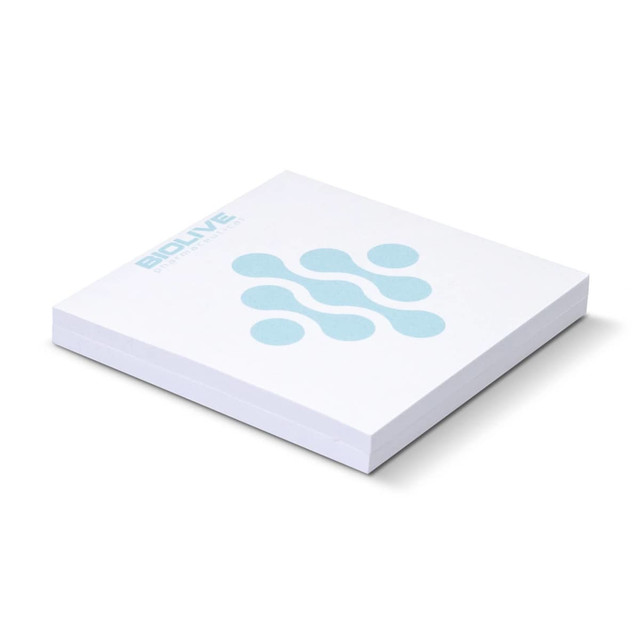 A white sticky pad with a light blue design, containing 100 sheets, featuring a logo.