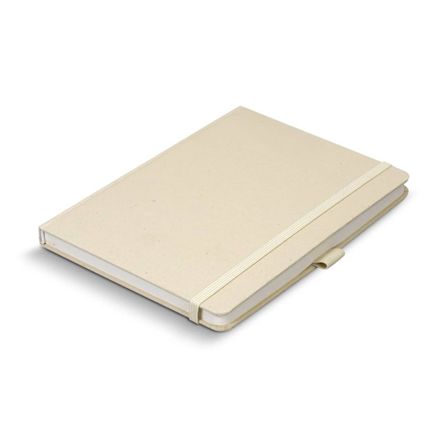 A beige hard cover notebook with a textured finish and an elastic closure. The notebook contains blank pages.