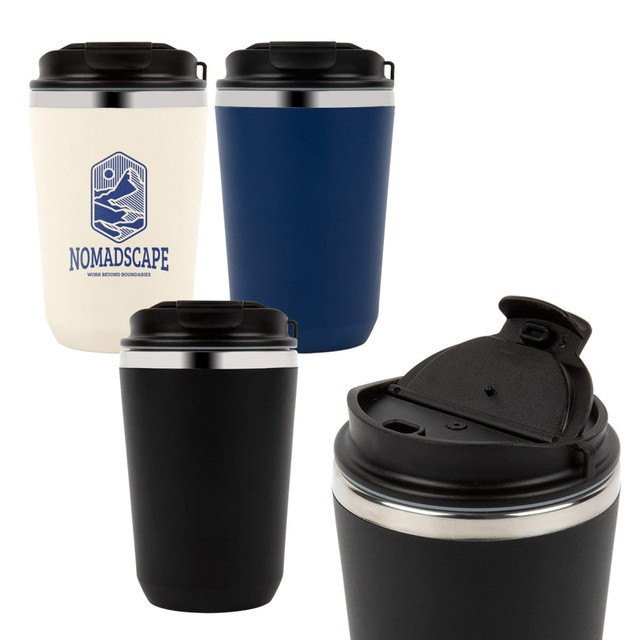A double wall coffee cup in white, navy, and black with a push lid and integrated handle. The cup features a logo.