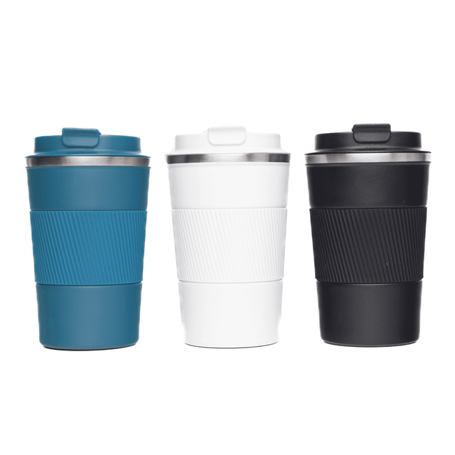 Three reusable coffee cups in teal, white, and black, each with a silicone grip and a lid, featuring branding.